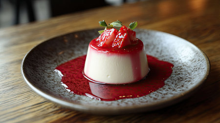 A summer dessert featuring panna cotta with a strawberry jelly topping and fresh strawberries, served on a rustic wooden table.の素材