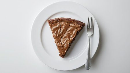 Classic chocolate brownie cake in a round shape, freshly baked and served on a white plate, photographed overhead.の素材