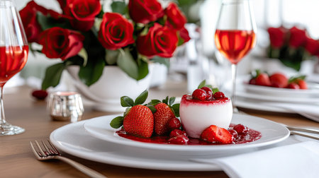 Romantic dessert setting with rose panna cotta, berry coulis, and fresh strawberries, styled on a white plate with red roses in the background.の素材
