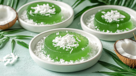 Pandan coconut dessert with green jelly, nata de coco, and coconut shavings, elegantly served in a white ceramic dish on a tropical-themed background.の素材