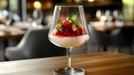 A glass of silky panna cotta with a glossy strawberry jelly topping, styled on a wooden table with natural lighting.の素材