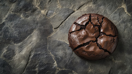 Freshly baked round chocolate cake with a rich, gooey center and a slightly cracked top, photographed overhead on a stone-textured surface.の素材
