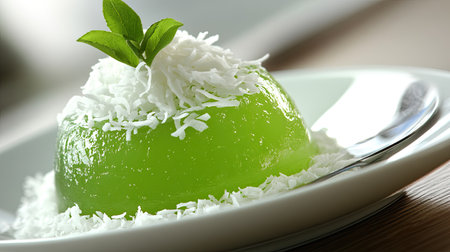 Refreshing pandan coconut dessert served in a white ceramic dish, vibrant green jelly paired with shredded coconut and fresh pandan leaves.の素材
