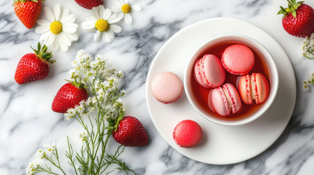 A plate of strawberry macarons paired with a cup of chamomile tea, styled with fresh flowers on a marble table.の素材