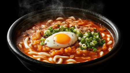 A steaming bowl of udon noodles topped with spicy mentaiko, chopped green onions, and a soft-boiled eggの素材