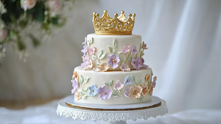 Royal-inspired birthday cake with floral pastel designs, topped with a delicate golden princess crown.の素材