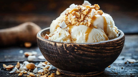 A rustic setting featuring a bowl of coconut milk ice cream with a drizzle of condensed milk, roasted peanuts, and fresh coconut flakesの素材