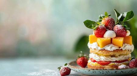 Soft and fluffy fruit sandwich with mango, strawberry, and fresh cream, placed on a decorative plate with a blurred pastel backgroundの素材