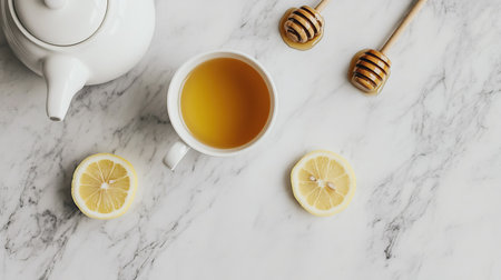 Minimalist top-down shot of a tea cup with lemon slices, a teapot, and a honey dipper, styled on a grey surface with copy space.の素材