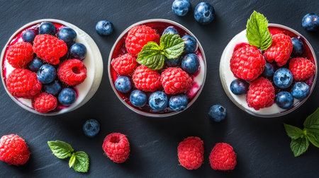 Elegant panna cotta with mixed berry coulis, garnished with fresh blueberries and raspberries, captured from an overhead angle.の素材
