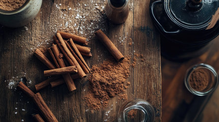 Aromatic cinnamon sticks and ground cinnamon on a rustic wooden table, highlighting their rich color and texture, perfect for sweet and savory dishes.の素材