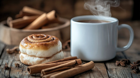 Aesthetic food composition featuring cinnamon sticks, a cinnamon roll, and a steaming cup of chai tea on a rustic wooden background.の素材