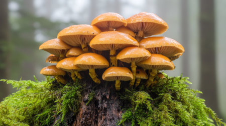 A cluster of honey mushrooms emerging from a decayed stump covered in thick moss, with a misty woodland background.の素材