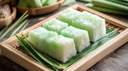 Thai steamed cotton wool cakes in pastel tones, served on a bamboo tray with fresh pandan leaves for a traditional touch.の素材