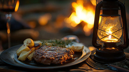 Romantic camping dinner setup with a hot Hamburg steak, flickering lantern light, and a warm bonfire in the distanceの素材