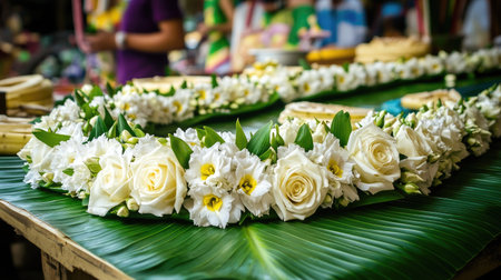 Traditional Songkran garlands of jasmine and white roses, resting on green banana leaves for a cultural Thai celebration.の素材