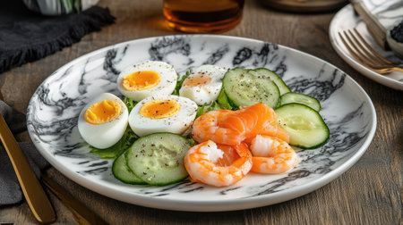 Tasty seafood salad with prawns, salmon, cucumber, and eggs, served on a luxurious marble plate.の素材