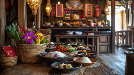 Rustic wooden table set with Northern Thai dishes, sticky rice, and traditional woven baskets for an authentic dining experience.の素材