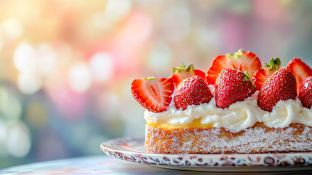Soft and fluffy fruit sandwich with mango, strawberry, and fresh cream, placed on a decorative plate with a blurred pastel backgroundの素材
