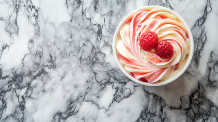 Soft and creamy panna cotta with a raspberry swirl, placed on a marble surface with negative space for text, ideal for advertisements.の素材