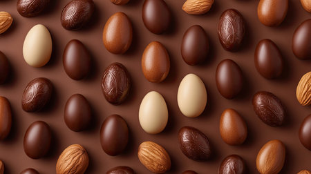 Top-down view of assorted chocolate Easter eggs and bunny figures with nuts, arranged for a festive greeting card.の素材