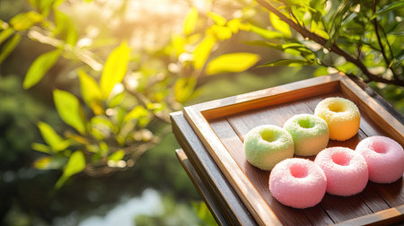 Soft and fluffy pastel Thai steamed cotton wool cakes served on a wooden tray, vibrant colors glowing under natural sunlight.の素材