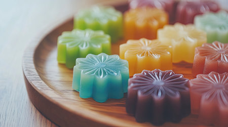Thai Aalaw candy, colorful and sweet, displayed on a wooden plate with natural light emphasizing their pastel tones.の素材