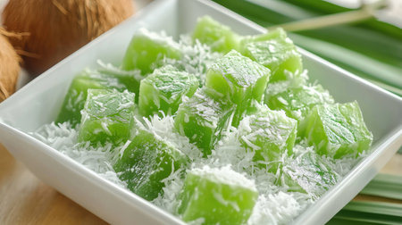 Vibrant green pandan jelly cubes with coconut shavings and nata de coco, served in a white dish with pandan leaves as garnish.の素材