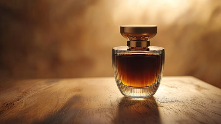 A high-end men's fragrance bottle with a modern design, set against a soft-focus brown background, perfect for product placement.の素材