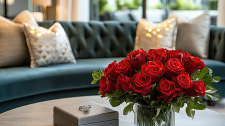 A love-filled Valentine's Day setup featuring a ring box, fresh roses, heart decorations, and a cozy sofa in the background.の素材