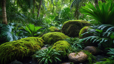 A lush, exotic setting featuring moss-covered boulders, tropical leaves, and ferns thriving in a rainforest environment.の素材