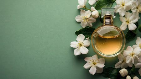 A luxury perfume bottle gently resting on a soft green background, with jasmine flowers artistically arranged around it, space for branding.の素材