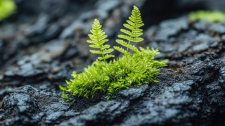 A mesmerizing macro shot of delicate moss and ferns unfurling on the surface of old, weathered rocks.の素材