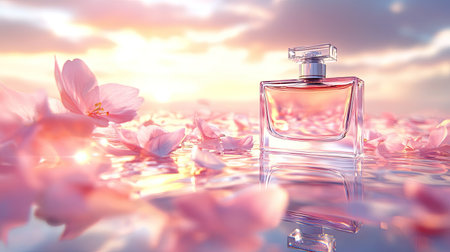 A luxury perfume bottle with a sleek design, styled with delicate floral petals on a light, airy background.の素材