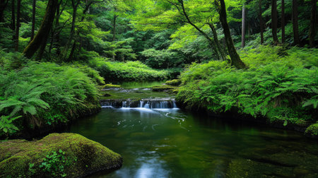A peaceful brook in Japan, surrounded by towering ferns and dense forest foliage, creating a refreshing natural retreat.の素材