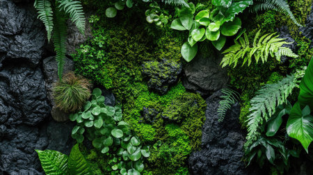 A mystical tropical scene with moss, ferns, and exotic plants growing in harmony on rugged stone surfaces.の素材