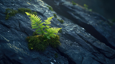 A mesmerizing macro shot of delicate moss and ferns unfurling on the surface of old, weathered rocks.の素材
