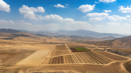 Aerial panorama of an advanced potato farm in a desert region, with drip irrigation systems sustaining crops in harsh Middle Eastern climates.の素材
