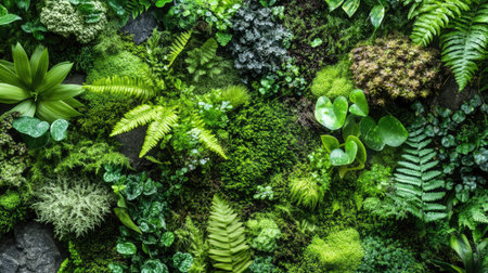 A mystical tropical scene with moss, ferns, and exotic plants growing in harmony on rugged stone surfaces.の素材