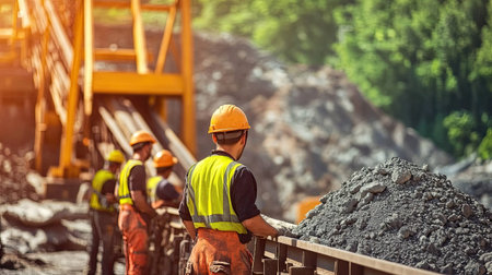 A team of quarry workers operating a stone crushing plant, ensuring smooth functioning of the belt conveyor system.の素材