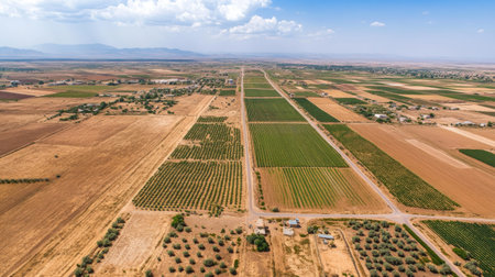 Breathtaking aerial panorama of an advanced potato-growing region, where modern irrigation transforms the dry desert into fertile farmland.の素材