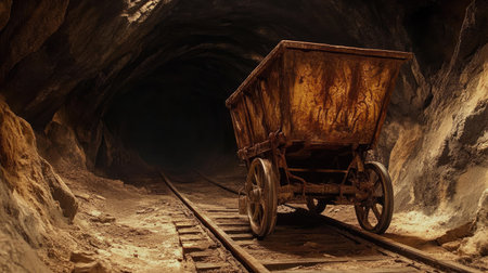 Abandoned mine tunnel with a broken cart, rusting on old tracks, surrounded by eerie darkness.の素材