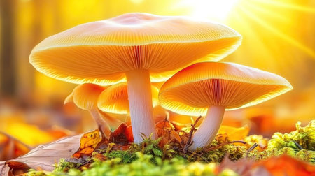A magical K macro of honey mushrooms glowing in soft sunlight, nestled among moss and fallen leaves.の素材