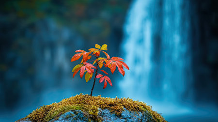 Close-up of a delicate sapling with vibrant leaves growing on a damp moss-covered rock, framed by a tropical waterfall.の素材