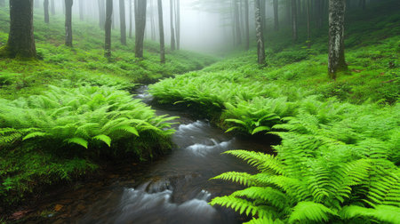 A misty, enchanted brook, where lush ferns grow abundantly along the water's edge, deep in a Japanese rainforest.の素材
