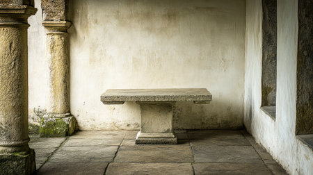 Aged stone table in the secluded cloister of the Convento dos Capuchos, evoking a sense of medieval simplicity.の素材