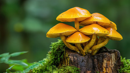 Close-up of honey mushrooms growing in harmony with nature, sprouting from a mossy tree stump in a tranquil forest setting.の素材