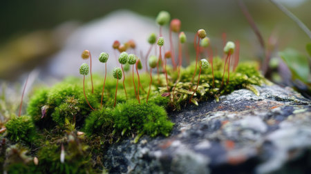 A mesmerizing macro shot of delicate moss and ferns unfurling on the surface of old, weathered rocks.の素材