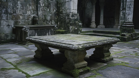 Ancient stone table in the medieval cloister of Convento dos Capuchos, surrounded by moss-covered walls and rustic stonework.の素材