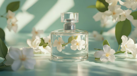 A luxury perfume advertising concept with a classic glass bottle, white jasmine blossoms, and a fresh green pastel background.の素材